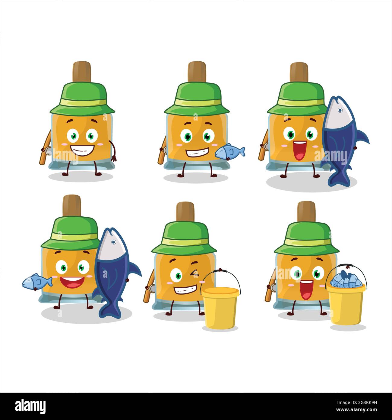 A fisherman vodka bottle cartoon picture catch a big fish. Vector