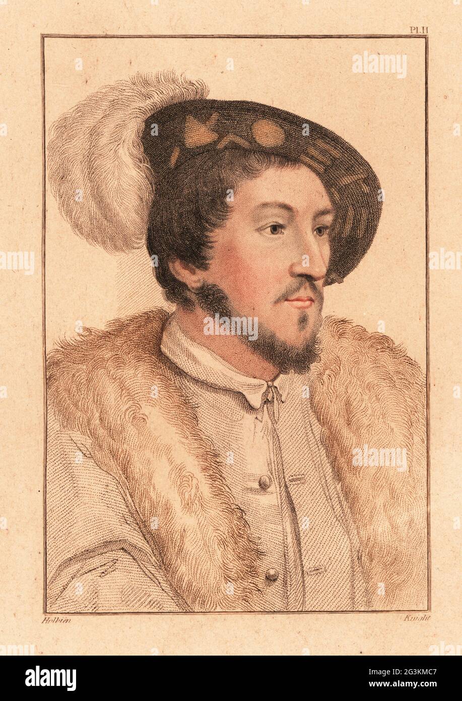 Portrait of an unknown man, court of King Henry VIII, c. 1532.  Possibly John Dudley, 1st Duke of Northumberland, who tried to install Lady Jane Grey as Queen. Handcoloured copperplate stipple engraving by Charles Knight after a portrait by Hans Holbein the Younger from Imitations of Original Drawings by Hans Holbein, John Chamberlaine, London, 1812. Stock Photo