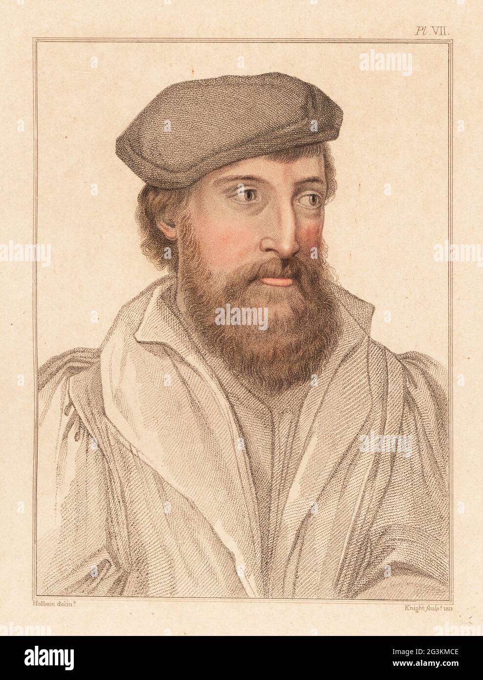 Portrait of an unknown man, court of King Henry VIII, c. 1532. Handcoloured copperplate stipple engraving by Charles Knight after a portrait by Hans Holbein the Younger from Imitations of Original Drawings by Hans Holbein, John Chamberlaine, London, 1812. Stock Photo