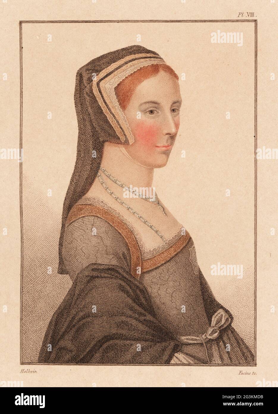 Anne Cresacre, aged 15, ward of Sir Thomas More, later wife of his son John More. Handcoloured copperplate stipple engraving by  George Sigmund Facius after a portrait by Hans Holbein the Younger from Imitations of Original Drawings by Hans Holbein, John Chamberlaine, London, 1812. Stock Photo