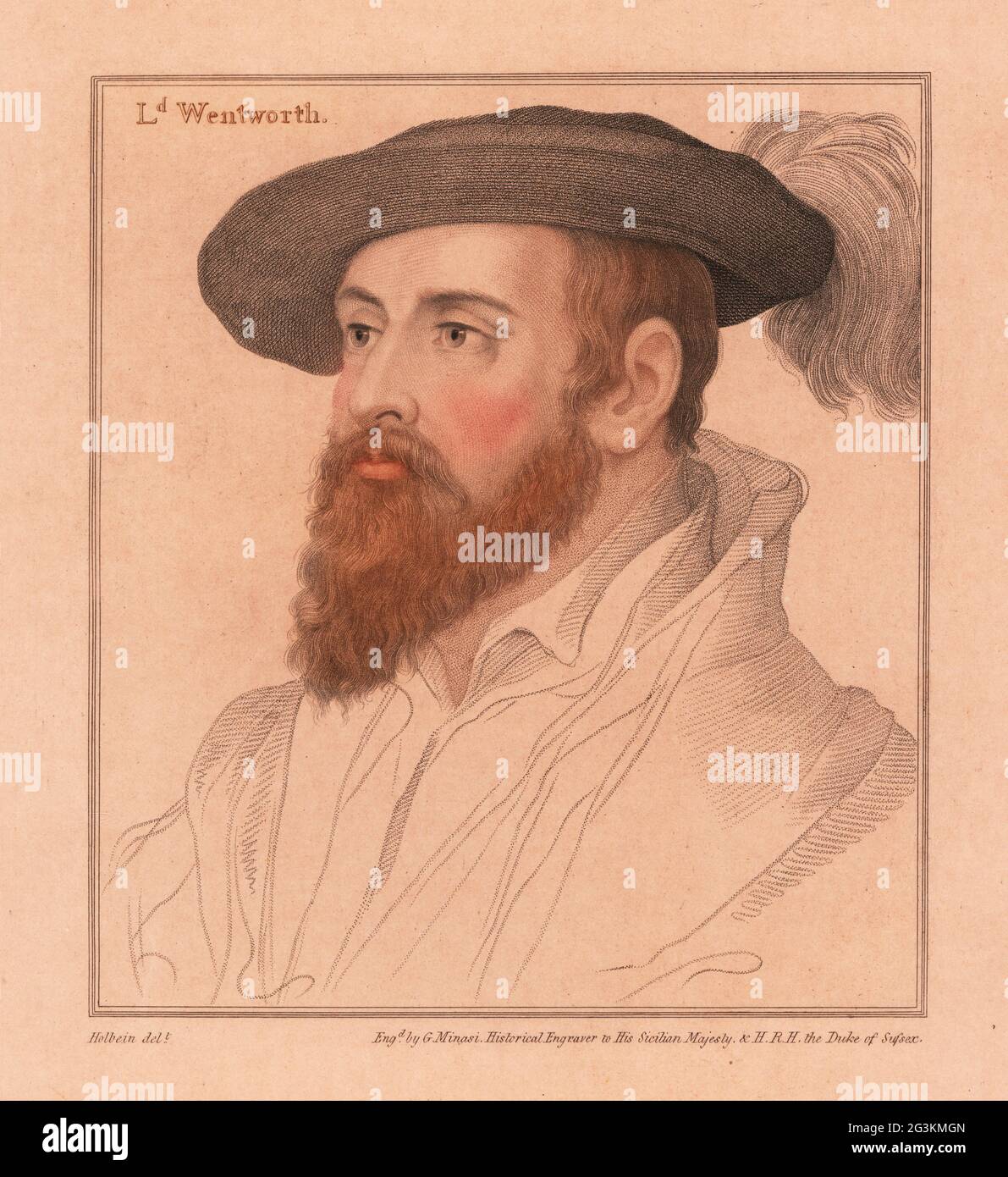Thomas Wentworth, 1st Baron Wentworth, 6th Baron le Despencer (1501-1551), English peer and courtier, Lord Chamberlain under King Edward VI. Ld Wentworth. Handcoloured copperplate stipple engraving by G. Minasi after a portrait by Hans Holbein the Younger from Imitations of Original Drawings by Hans Holbein, John Chamberlaine, London, 1812. Stock Photo