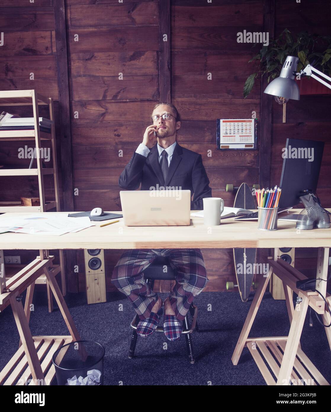 Man working remotely on freelance. Stock Photo