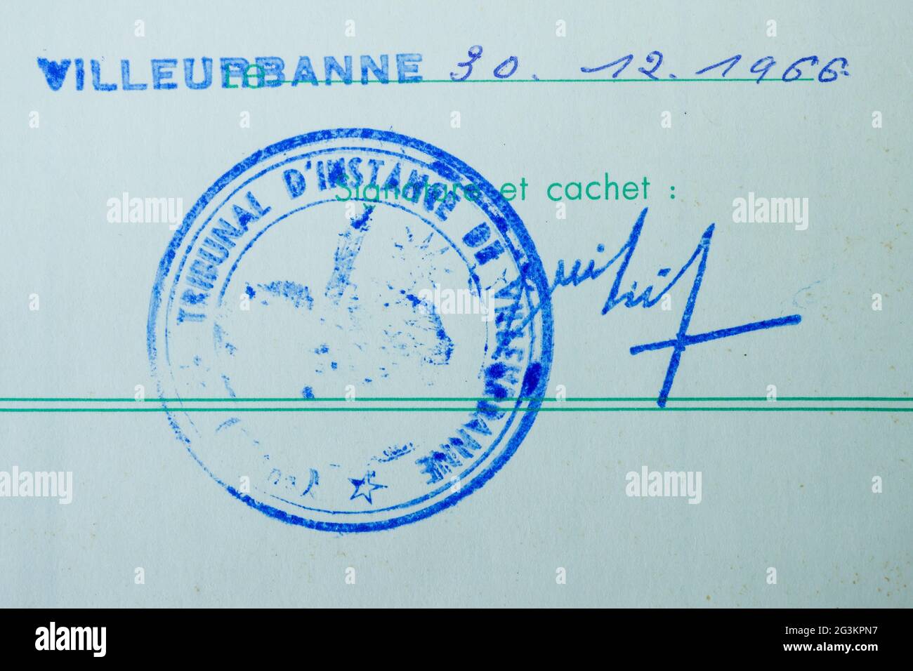 Blue ink stamp of lower court of justice Villeurbanne France Stock