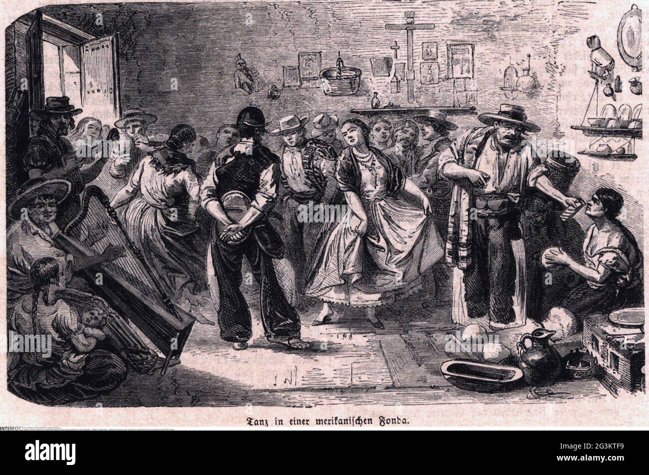 gastronomy, taverns, music and dance in a Spanish Fonda, wood engraving, 2nd half 19th century, ARTIST'S COPYRIGHT HAS NOT TO BE CLEARED Stock Photo