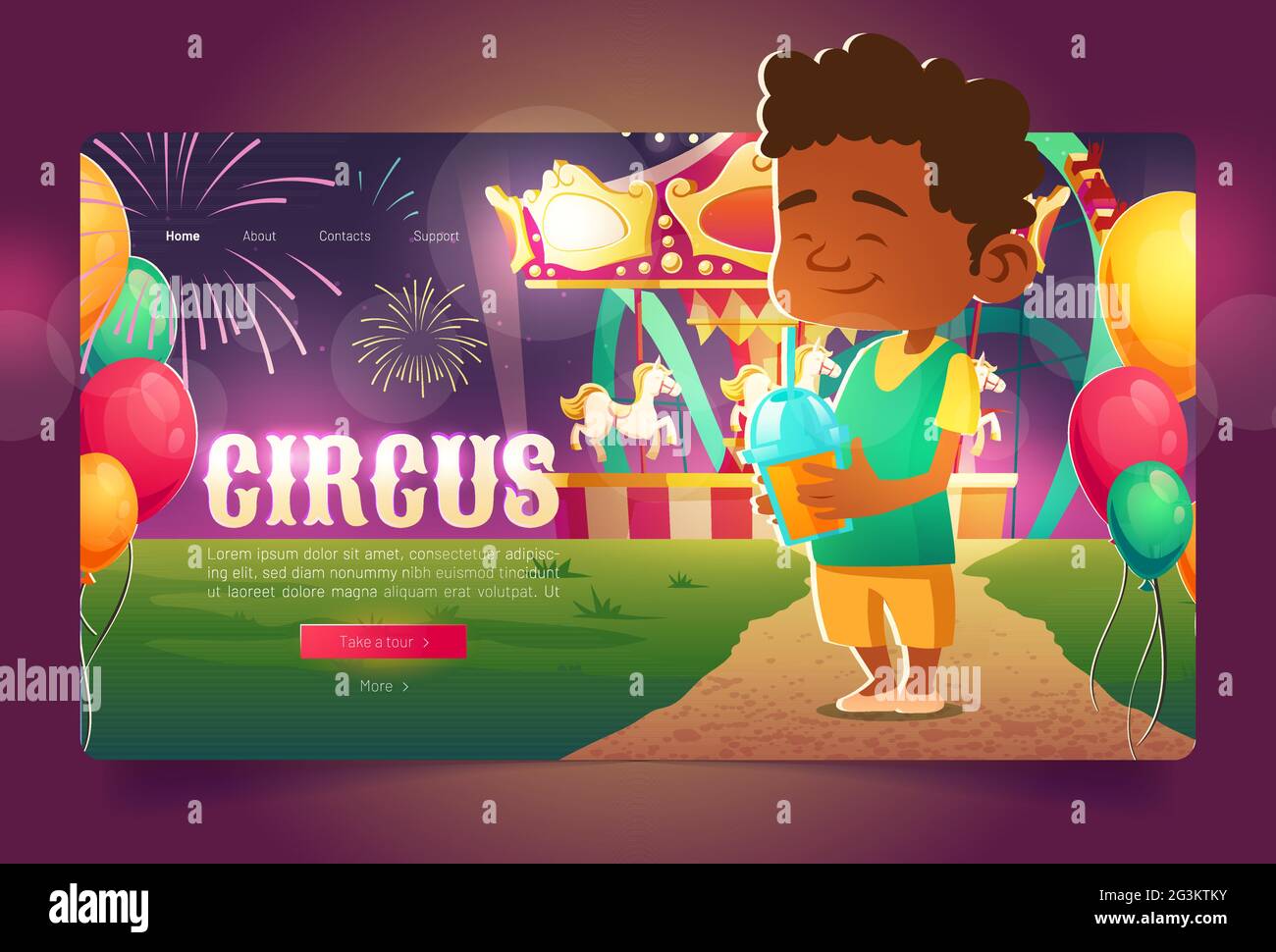 Circus cartoon landing page, kid with cocktail in amusement park with merry-go-round carousel and roller coaster. Happy child in night funfair carnival with fireworks and balloons, Vector web banner Stock Vector