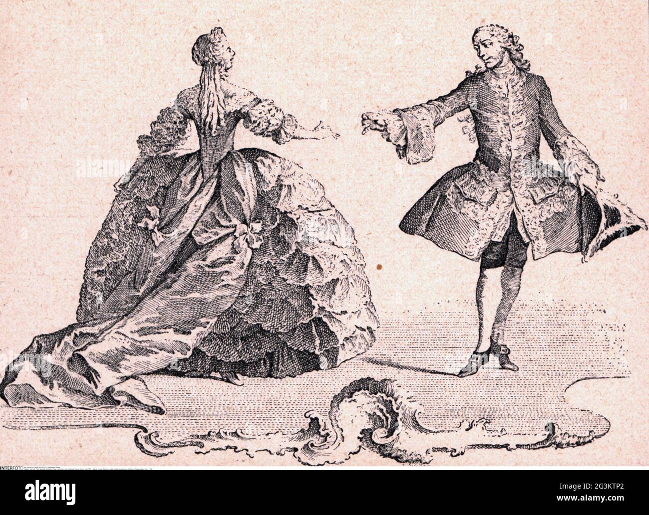 dance, minuet, dancing couple, copper engraving by Johannes Esaias Nilson, circa 1750, ARTIST'S COPYRIGHT HAS NOT TO BE CLEARED Stock Photo