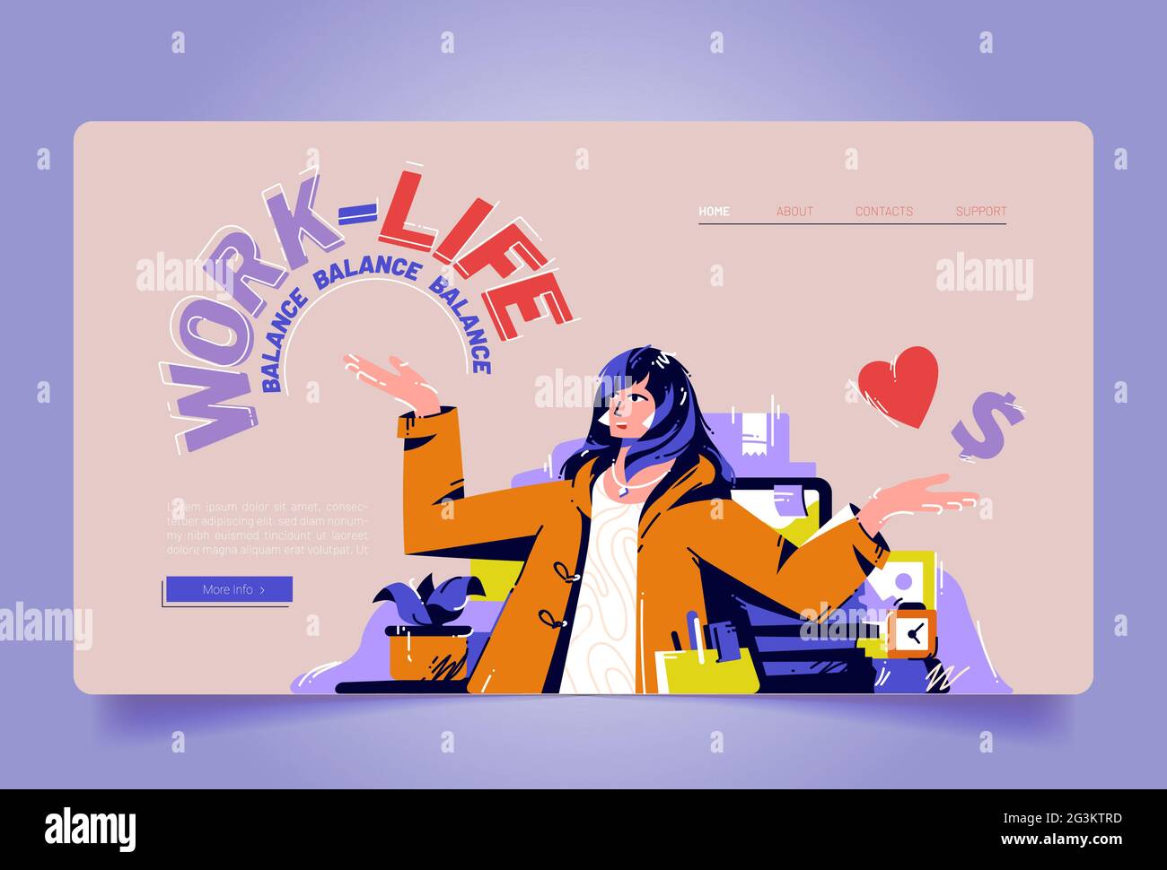 Work and life balance cartoon landing page, businesswoman sitting at ...