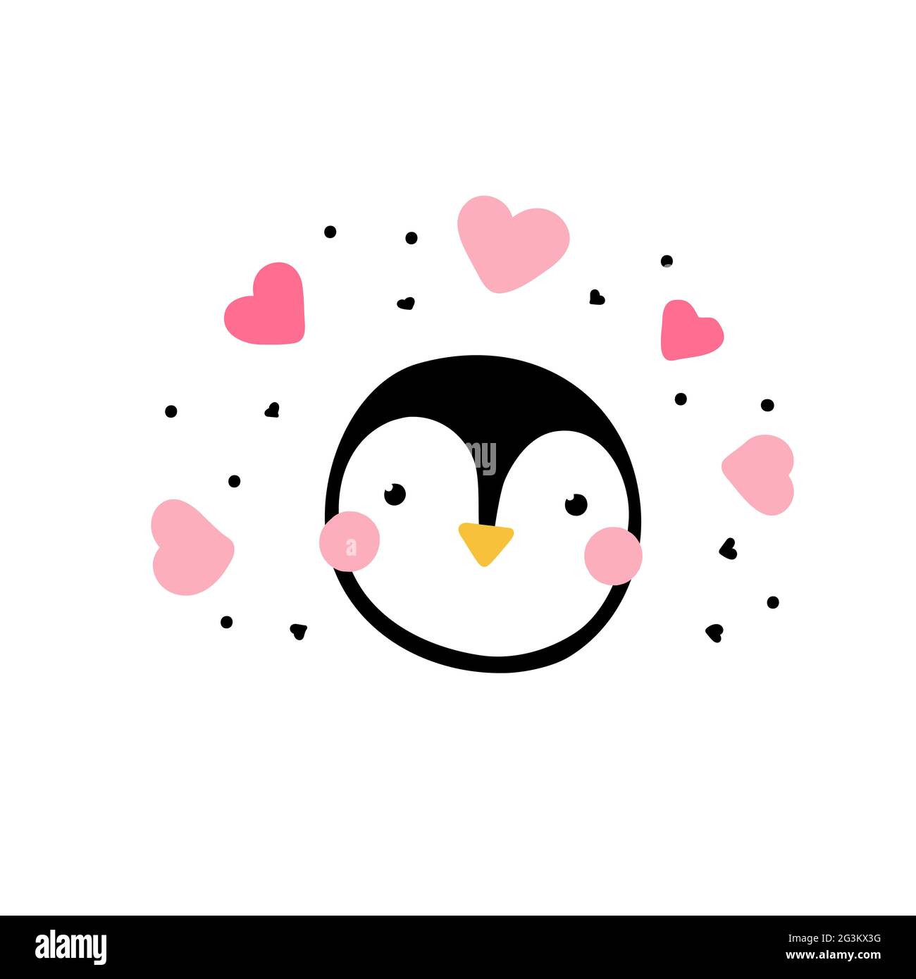 Kawaii penguin in love. Cute bird with eyes and pink hearts around isolated on a white background. Minimalistic surprised character - vector illustrat Stock Vector