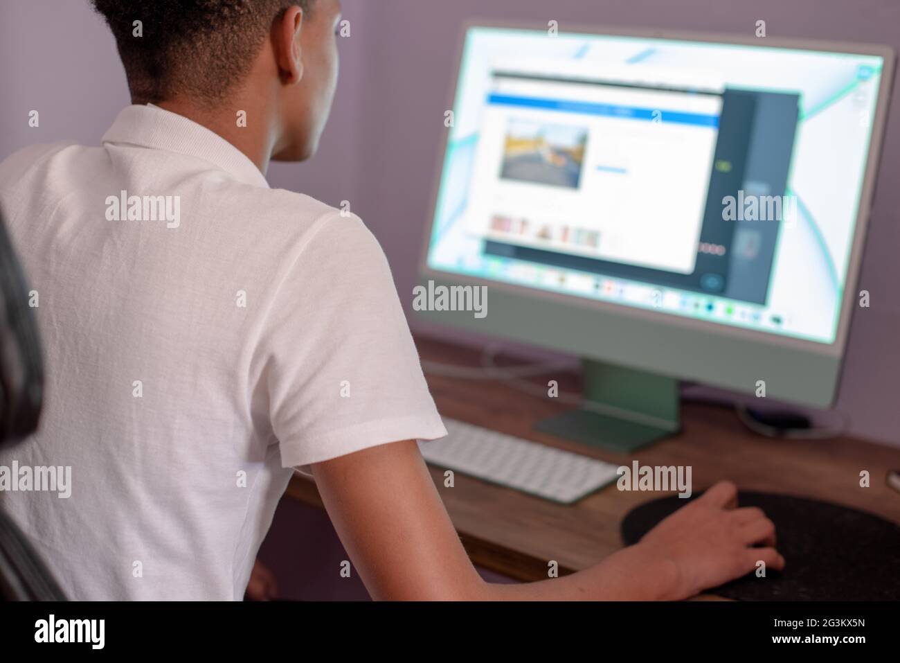 Rear view of young boy using computer at home Stock Photo