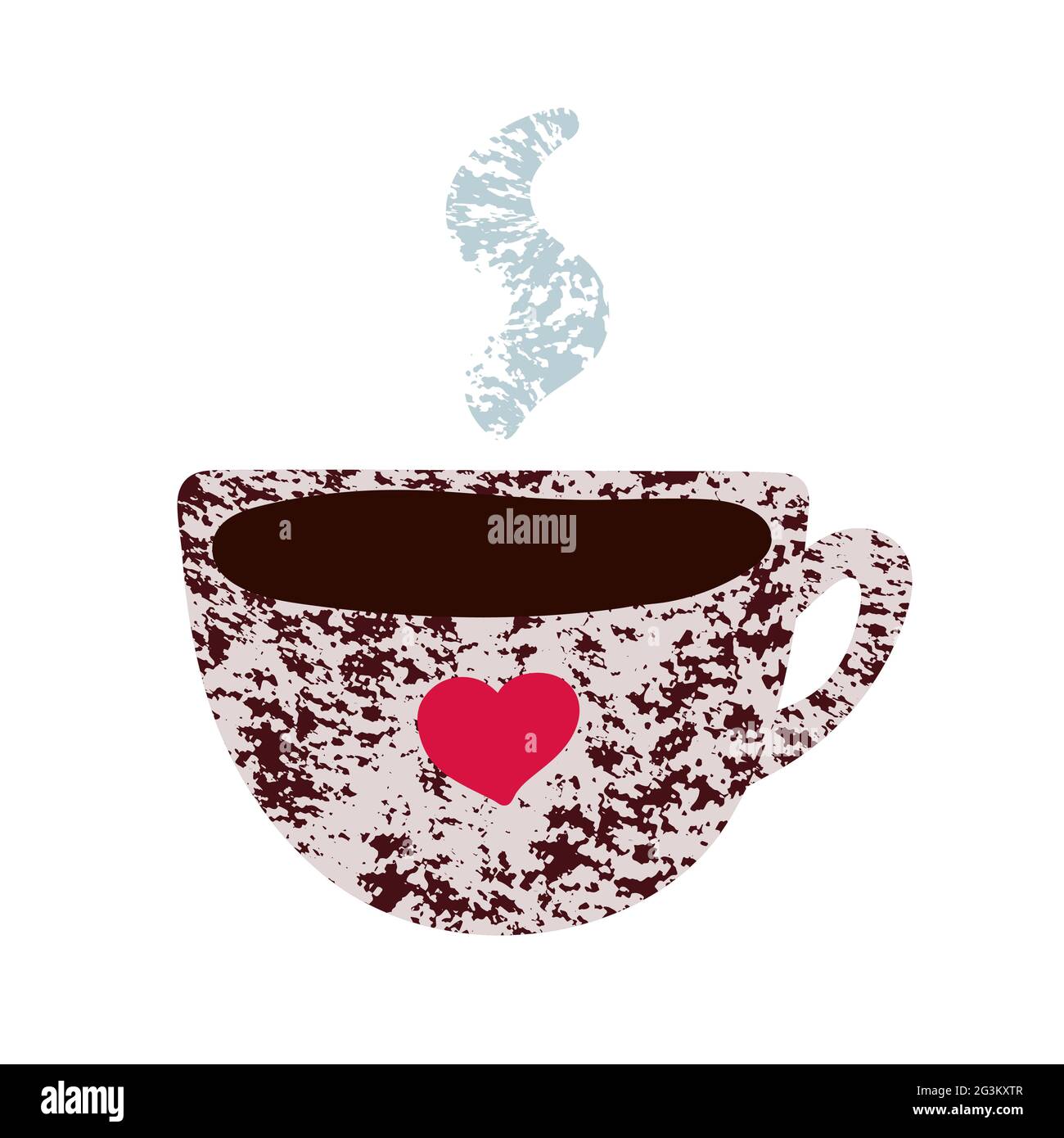 Cute mug with hot coffee. Hand drawn cup with tea, coffee isolated on white background. Brown texture, pink heart, steam. Cozy vector sticker. Good mo Stock Vector