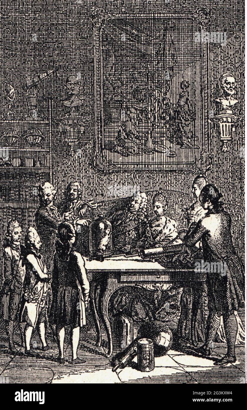 science, physics, a teacher is making experiments with the air-pump in presence of baronial parents, ARTIST'S COPYRIGHT HAS NOT TO BE CLEARED Stock Photo