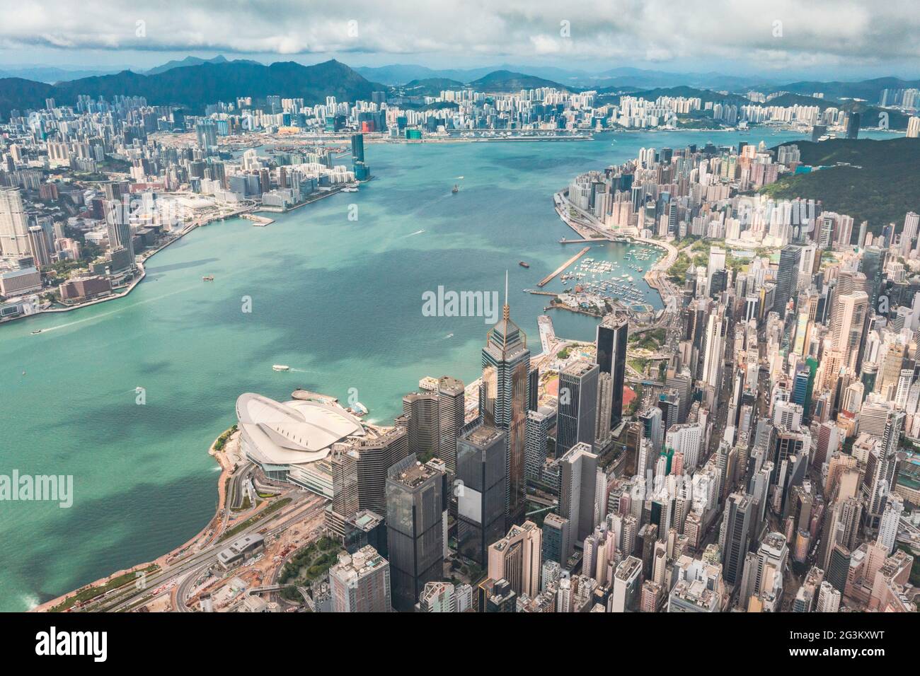 Amazing aerial view of the Victoria Harbour of Hong Kong, Clear sunny