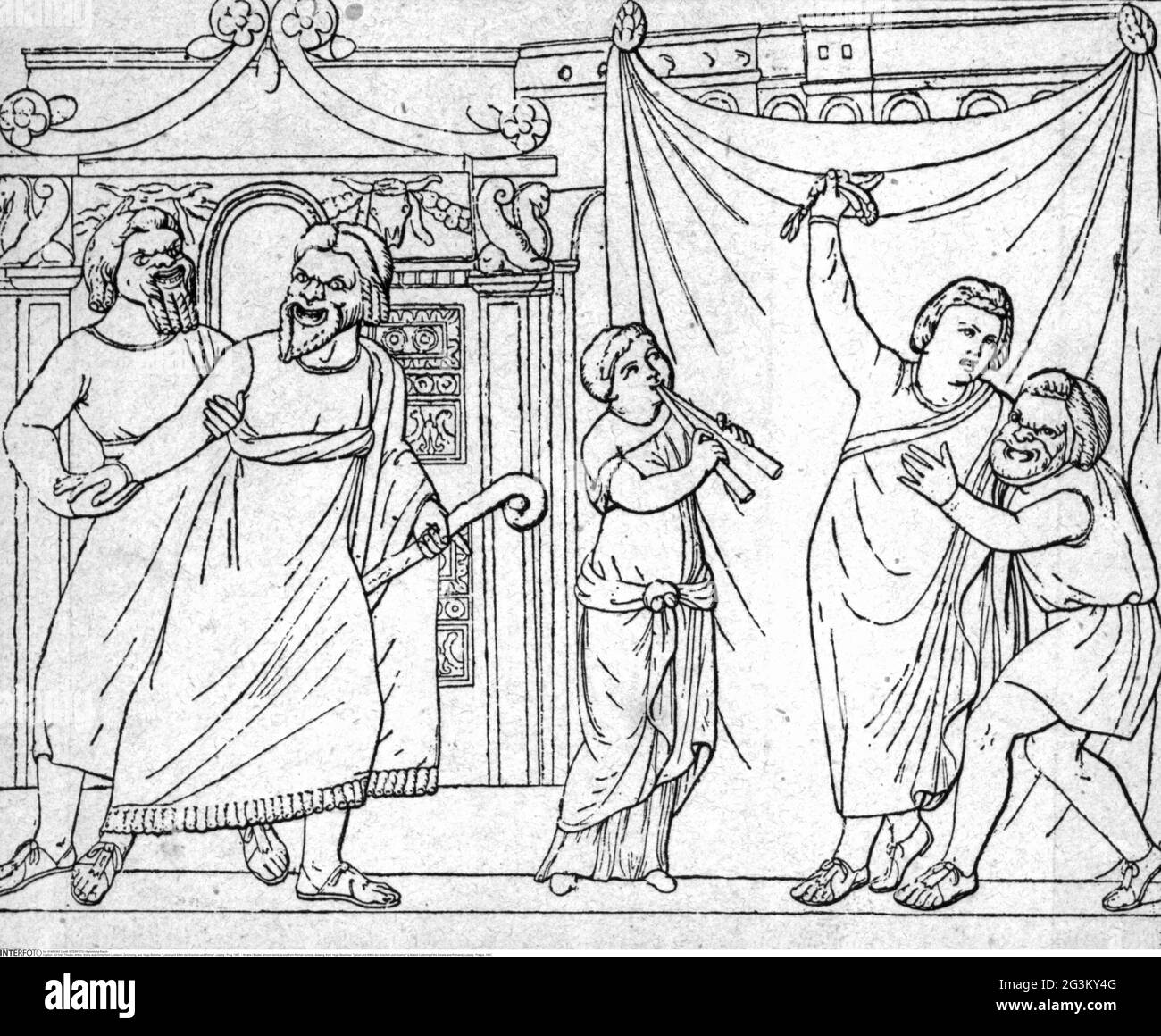 theatre / theater, ancient world, scene from Roman comedy, drawing, from: Hugo Bluemner, ARTIST'S COPYRIGHT HAS NOT TO BE CLEARED Stock Photo