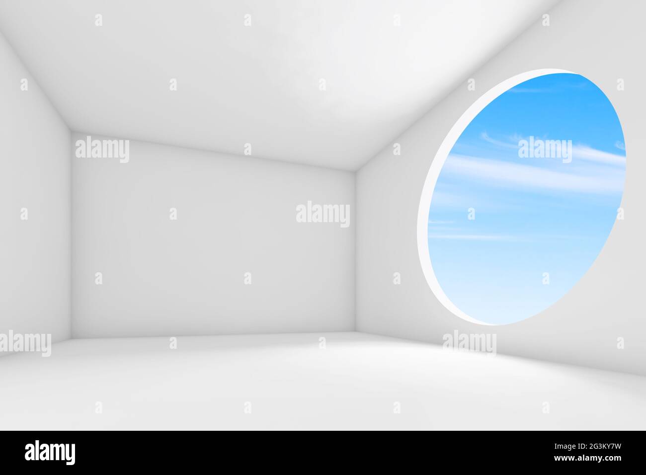Abstract white blank interior background, empty room with blue cloudy ...
