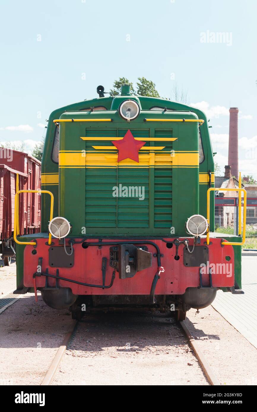 Vintage Soviet diesel locomotive, front view Stock Photo