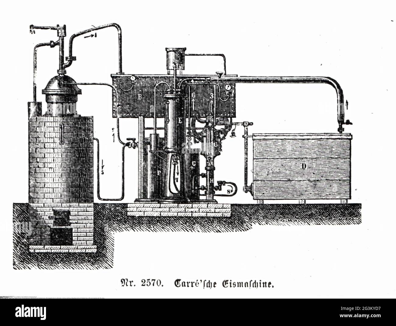 technics, machinery, refrigerating machine of Ferdinand Carre, 1850, wood engraving, late 19th century, ARTIST'S COPYRIGHT HAS NOT TO BE CLEARED Stock Photo