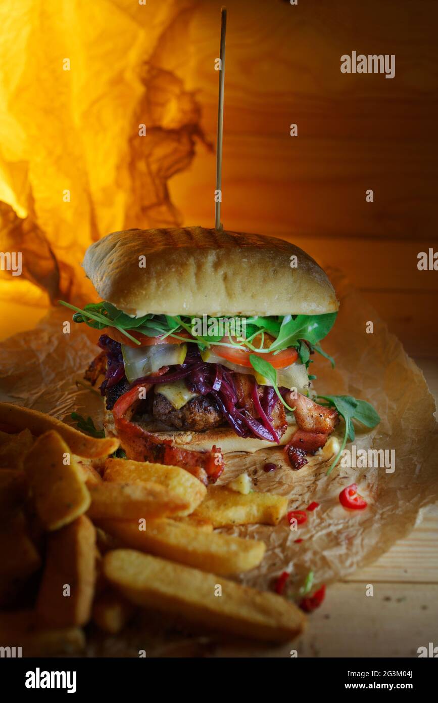 Homemade Burger and Fries Stock Photo - Alamy