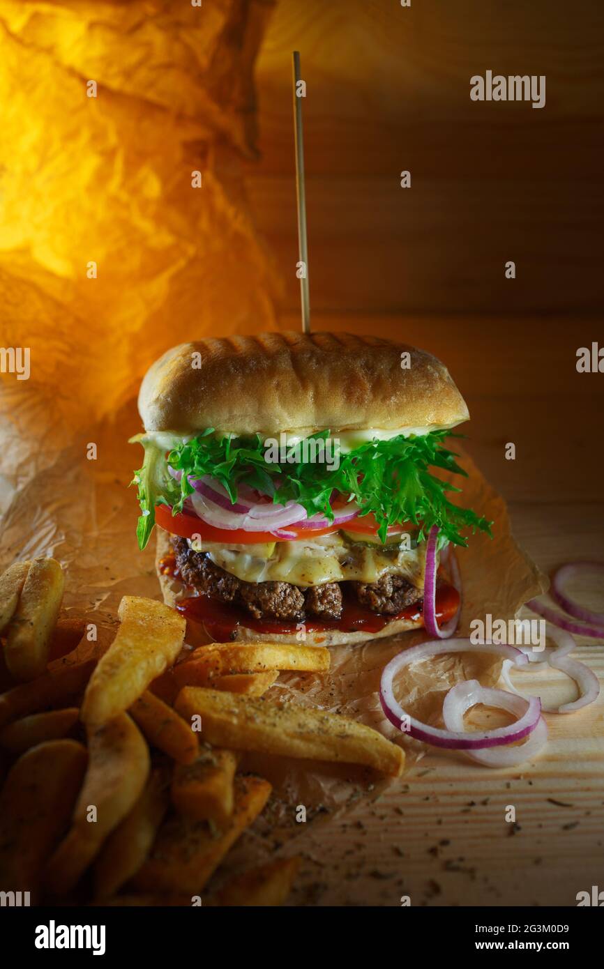 Homemade Burger and Fries Stock Photo - Alamy