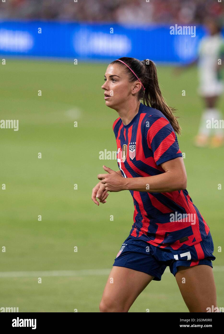 Austin, Texas, USA, June 16 2021: Austin, Texas, USA, June 16 2021: Veteran forward ALEX MORGAN brings the ball downfield during the first half of the US Women's National Team (USWNT) victory over Nigeria, 2-0 in the inaugural match of Austin's new Q2 Stadium. The U.S. women's team, an Olympic favorite, is wrapping up a series of summer matches to prep for the Tokyo Games. Credit: Bob Daemmrich/Alamy Live News Stock Photo