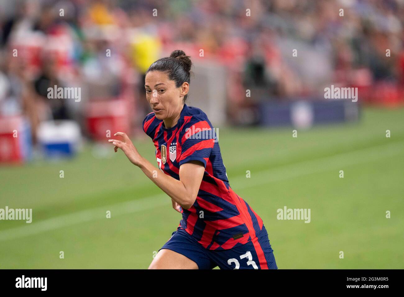 Austin, Texas, USA, June 16 2021: Veteran CHRISTEN PRESS (23) chases a loose ball during the second half of the US Women's National Team (USWNT) victory over Nigeria, 2-0 in the inaugural match of Austin's new Q2 Stadium. The U.S. women's team, an Olympic favorite, is wrapping up a series of summer matches to prep for the Tokyo Games. Press scored a goal in the win for USA Soccer. Credit: Bob Daemmrich/Alamy Live News Stock Photo