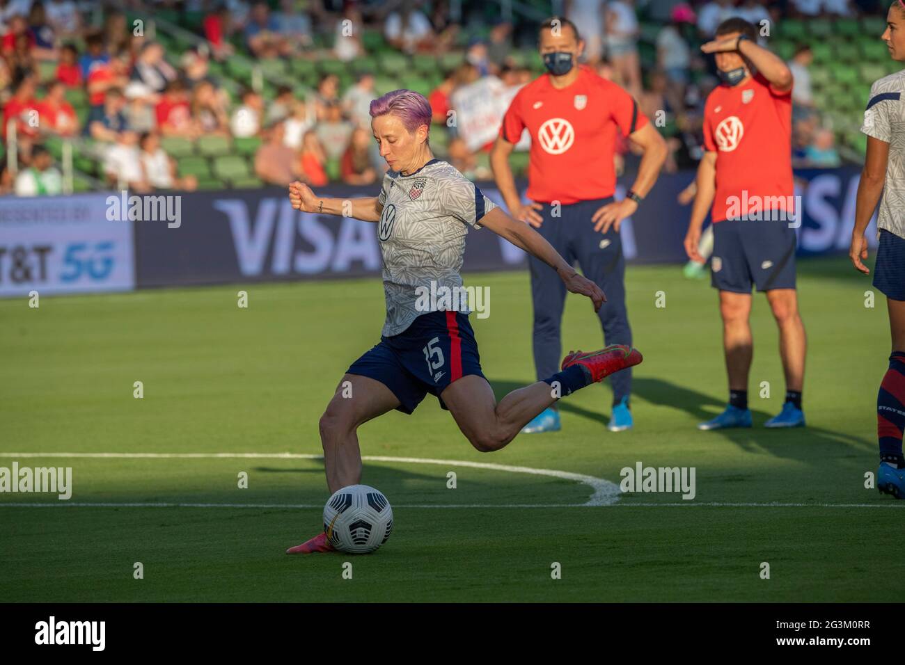 Austin, Texas, USA, June 16 2021: Forward MEGAN RAPINOE takes pre-match warmup kicks in the early evening light before the US Women's National Team (USWNT) beats Nigeria, 2-0 in the inaugural match of Austin's new Q2 Stadium. The U.S. women's team, an Olympic favorite, is wrapping up a series of summer matches to prep for the Tokyo Games. Credit: Bob Daemmrich/Alamy Live News Stock Photo