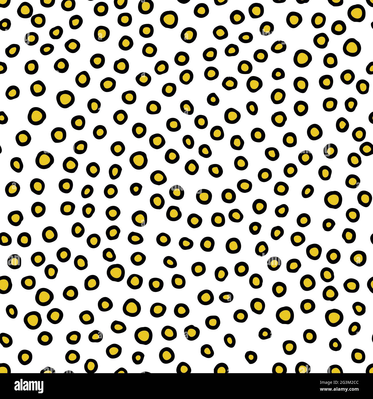 Seamless neutral pattern. Black hand drawn rings with a yellow center on a white background. Scandinavian cozy ornament. Vector illustration with circ Stock Vector