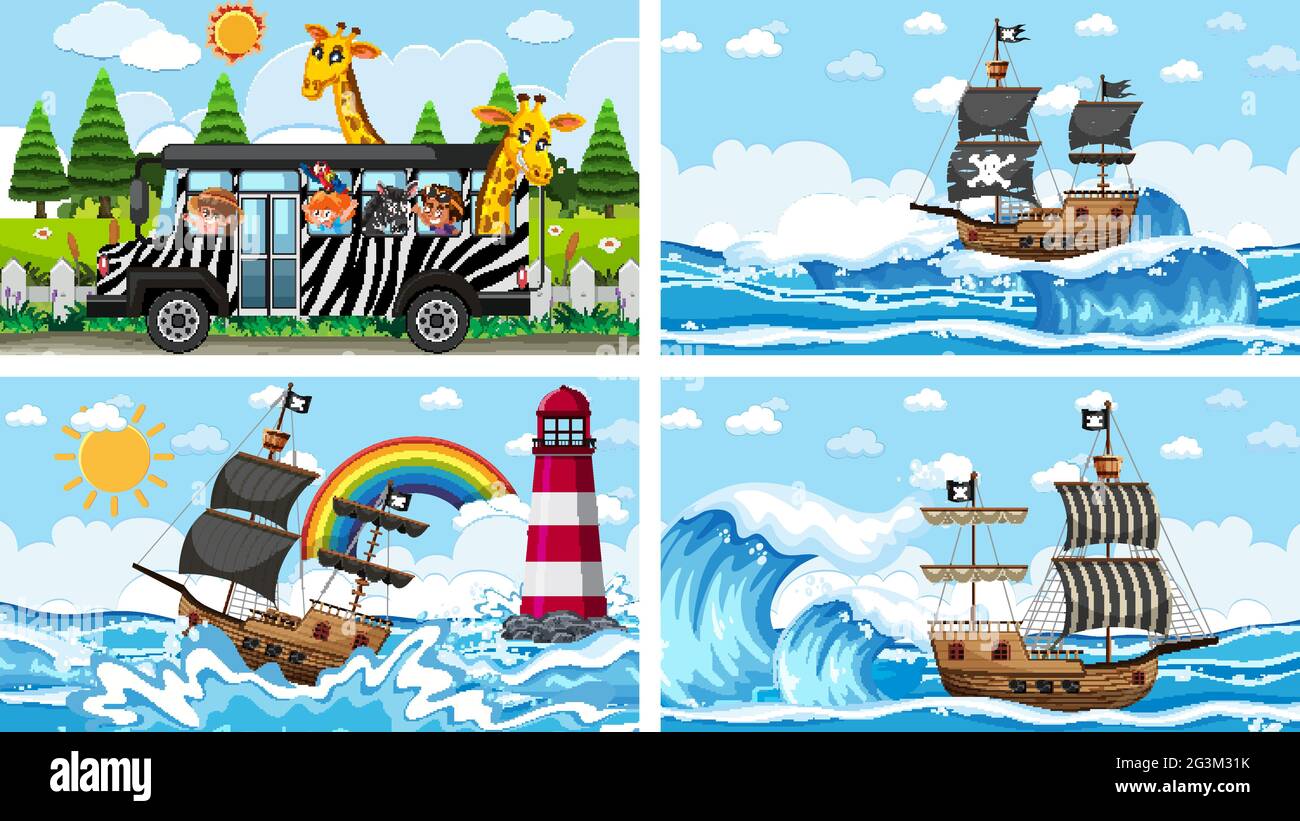 Set of different scenes with pirate ship at the sea and animals in the ...