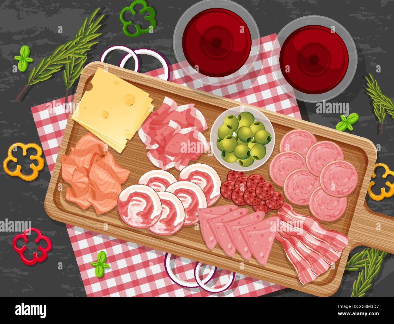 Platter of different cold meats on the table background illustration Stock Vector