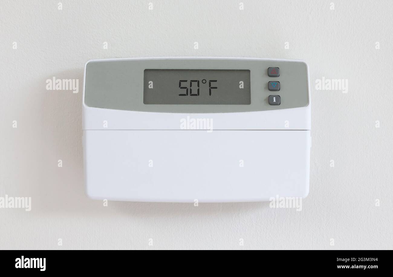 Vintage digital thermostat - Covert in dust - 50 degrees fahrenheid Stock Photo