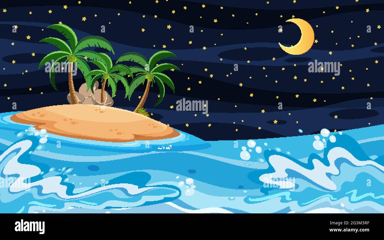 Beach landscape at night scene with island illustration Stock Vector ...