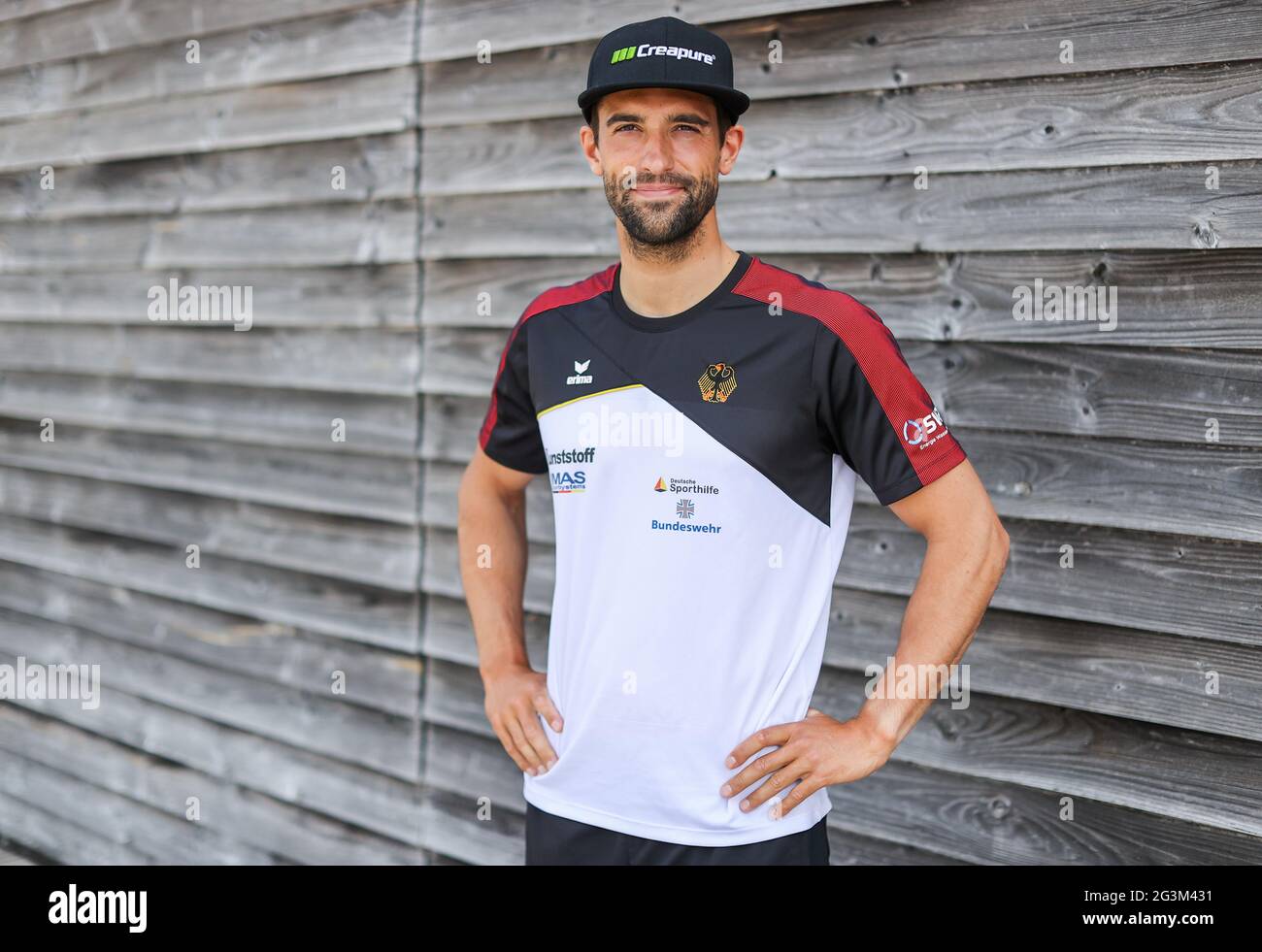 Leipzig, Germany. 16th June, 2021. The German slalom canoeist Hannes Aigner  stands for the presentation of the Olympic team in the canoe park. The  German team will already travel to the Olympic