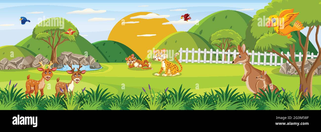 Panorama landscape scene with various wild animals in the forest ...