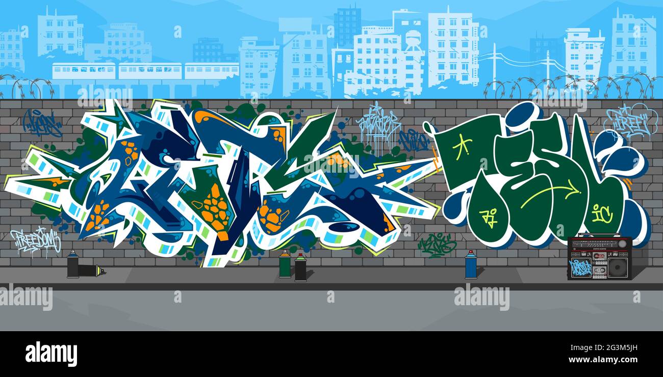 Outdoor Urban Graffiti Wall With Drawings Against The Background Of The Cityscape Vector Illustration Art Stock Vector