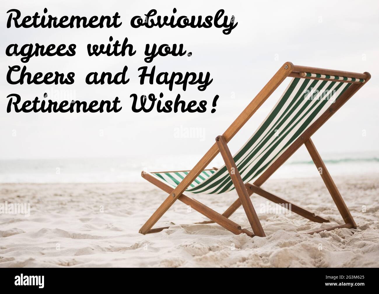 Composition of happy retirement wishes with deckchair on beach ...
