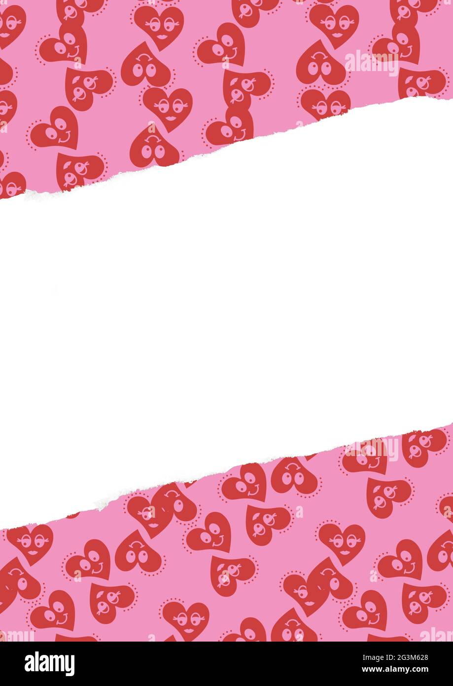 Composition of red smiling heart icons on pink with torn middle and copy space on white background Stock Photo