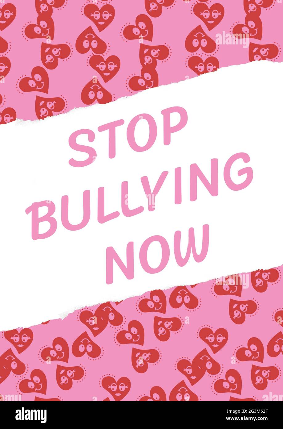 Composition of anti bullying text with hearts on pink and white