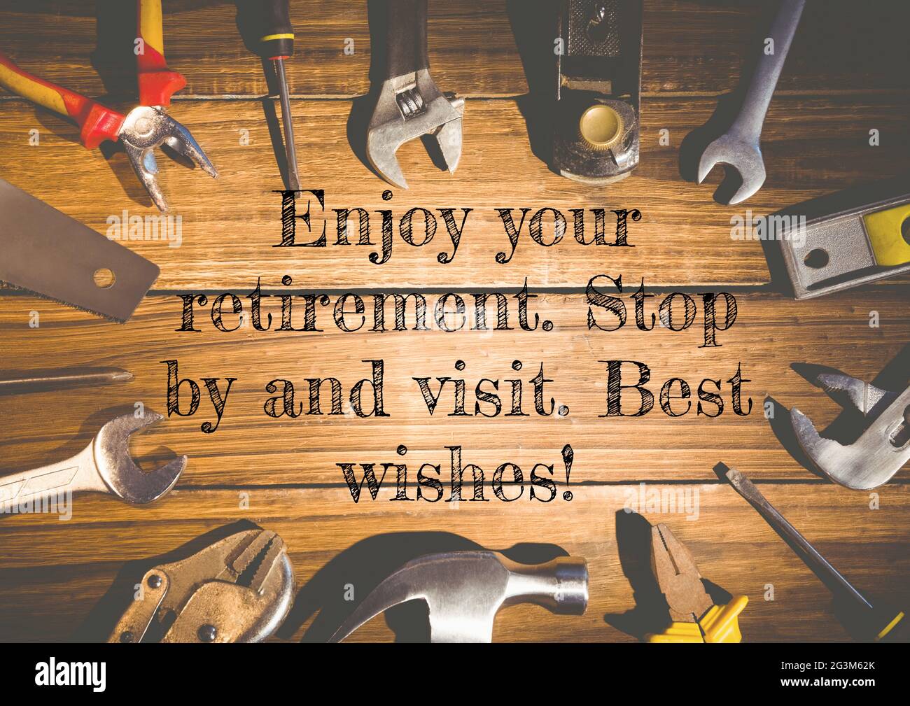 Composition of happy retirement wishes with tools on wooden surface Stock  Photo - Alamy
