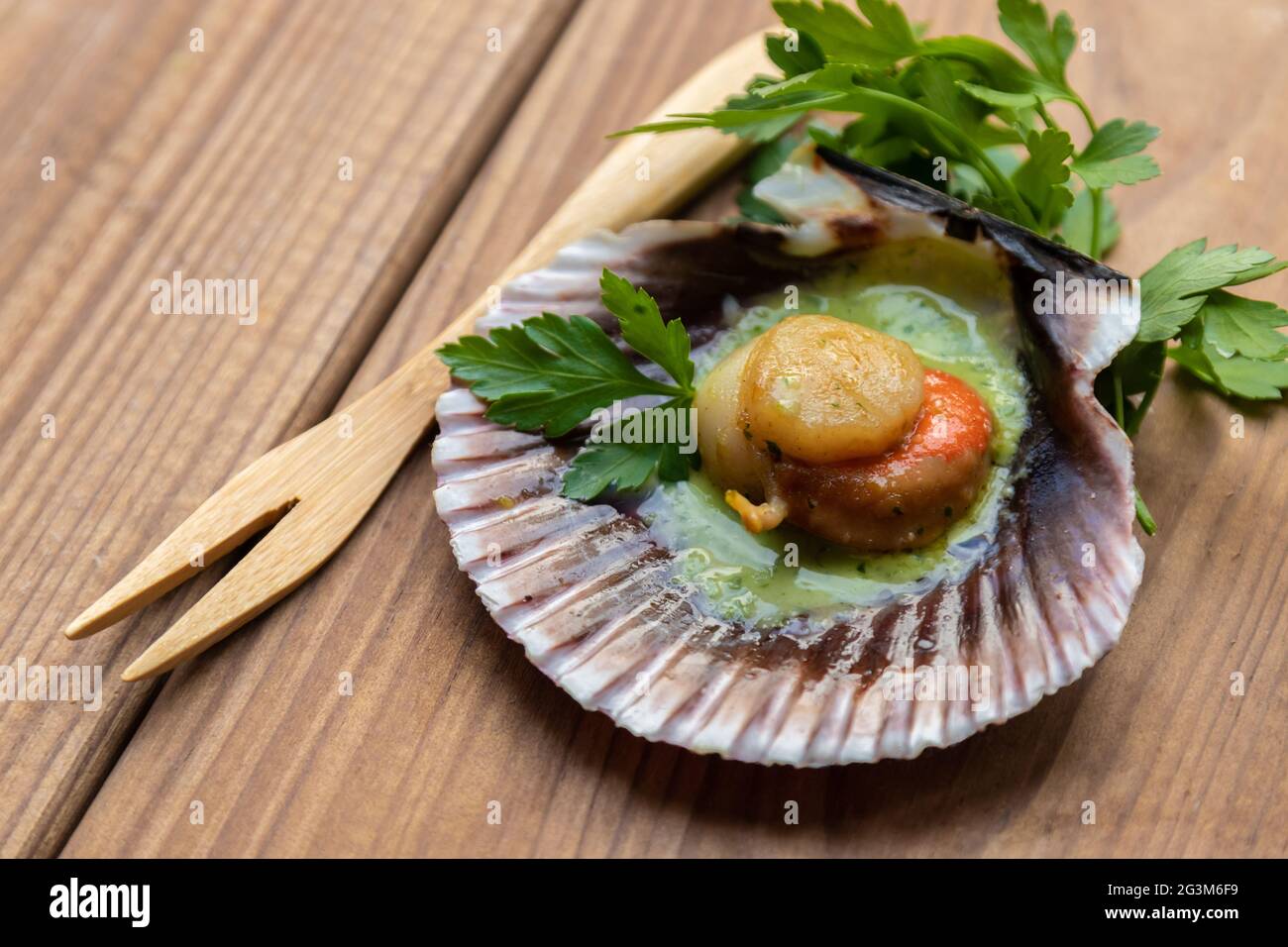 grilled scallops in green sauce Stock Photo Alamy