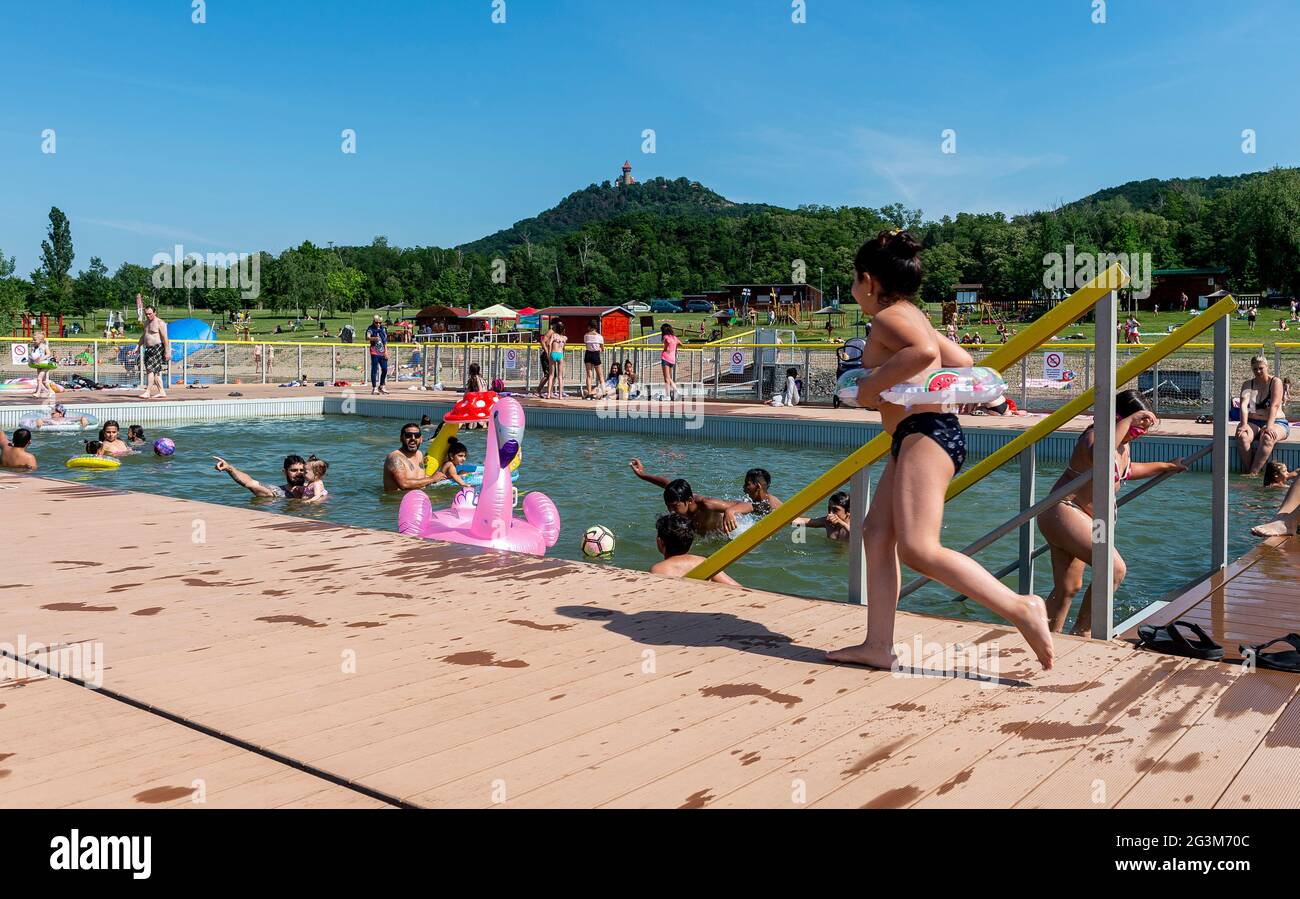 Most, Czech Republic. 16th June, 2021. People enjoy a hot sunny day at the  Matylda lake