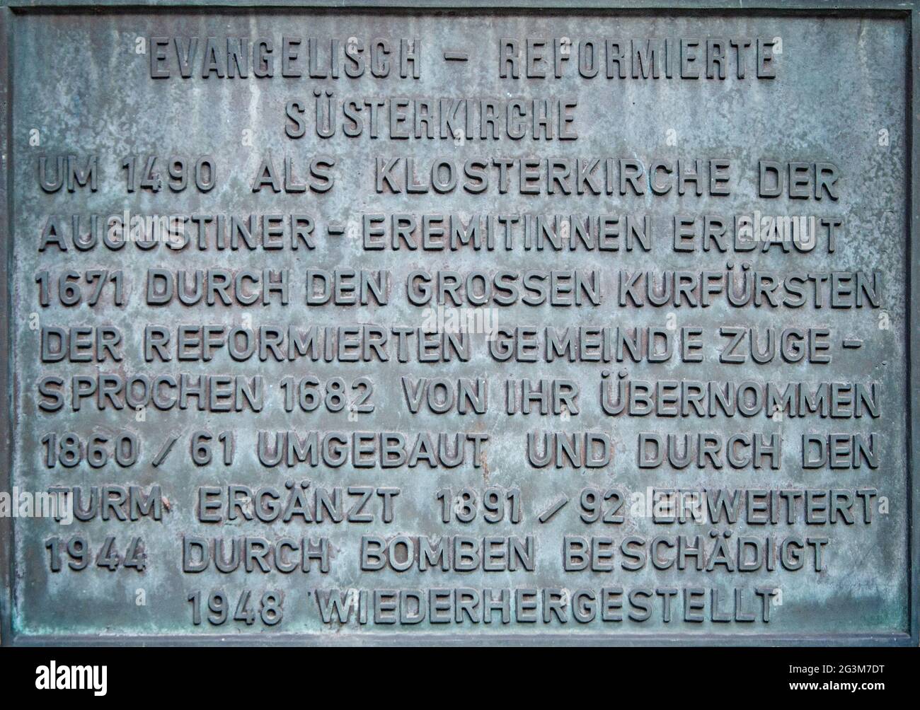 BIELEFELD, GERMANY. JUNE 12, 2021. Evangelic reformed suster church signboard. Around 1490 as a monastery church of the augustines. Built in 1671 by t Stock Photo