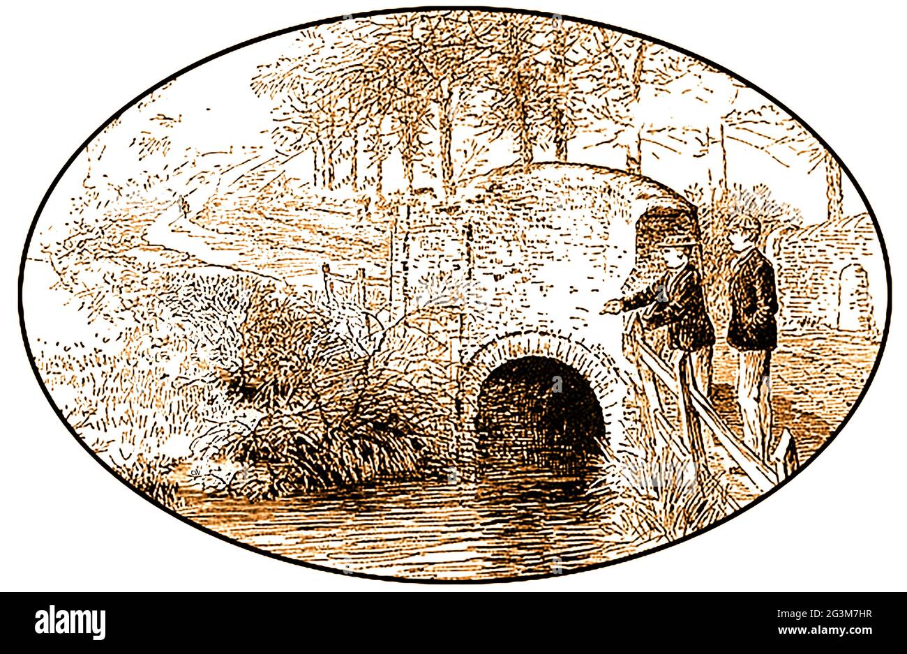 Engraving showing Butler's Leap Bridge, near Rugby, U.K.  in 1891. The bridge over Clifton Brook on Clifton Road, Rugby derives its name from a boy named Butler from Rugby School who famously  jumped  over the brook  from the road to the other side in 1849.A Second World War square concrete pillbox. It is located on the Oxford Canal near Butlers Leap. Stock Photo