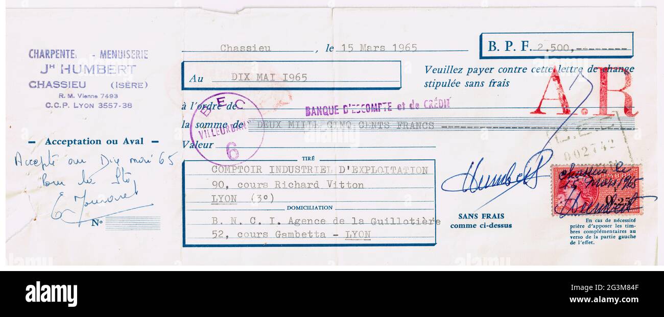 French Bank draft, old document, France, 1965 Stock Photo Alamy