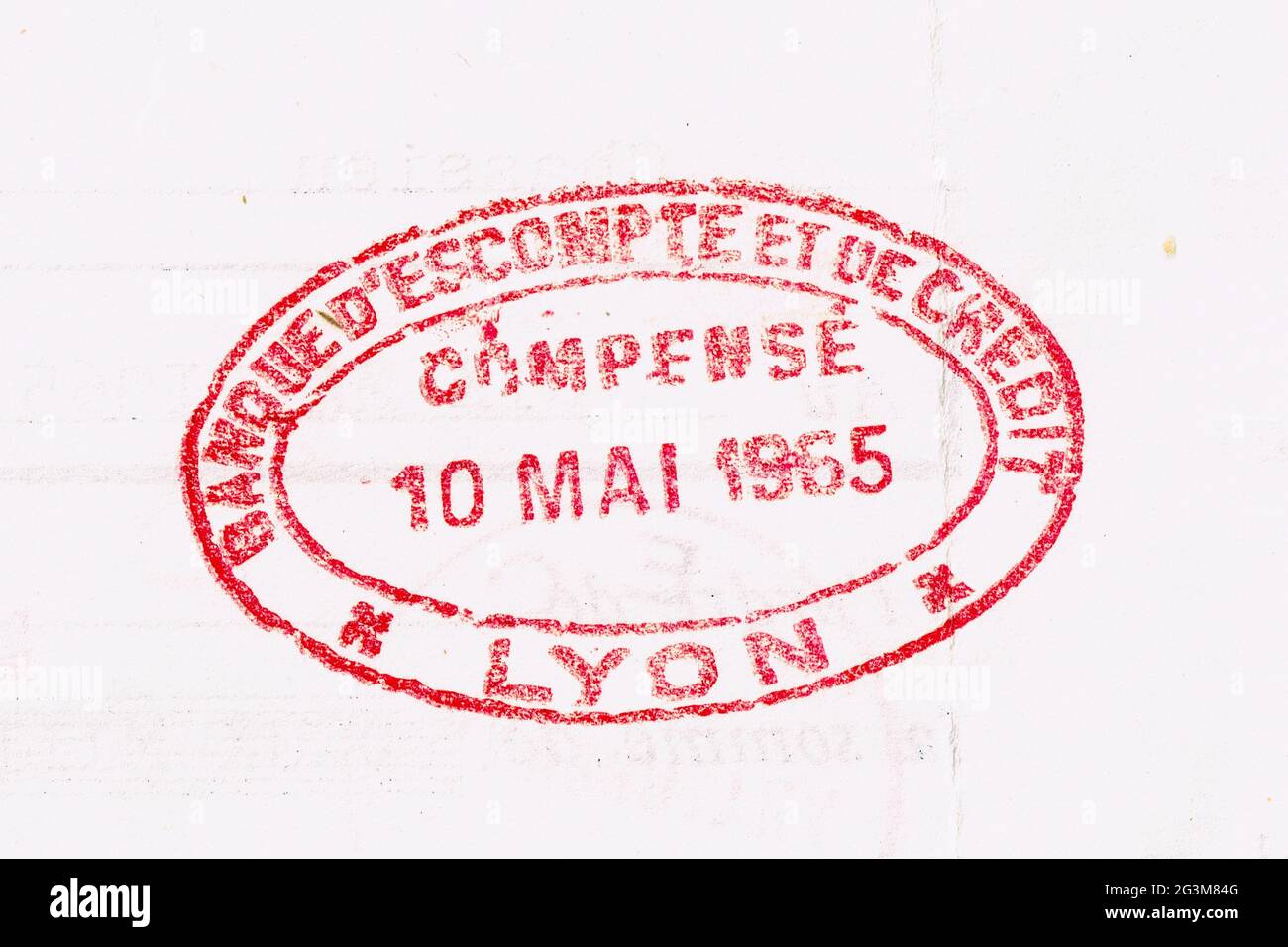 Ink stamp on a french Bank draft, old document, France, 1965 Stock