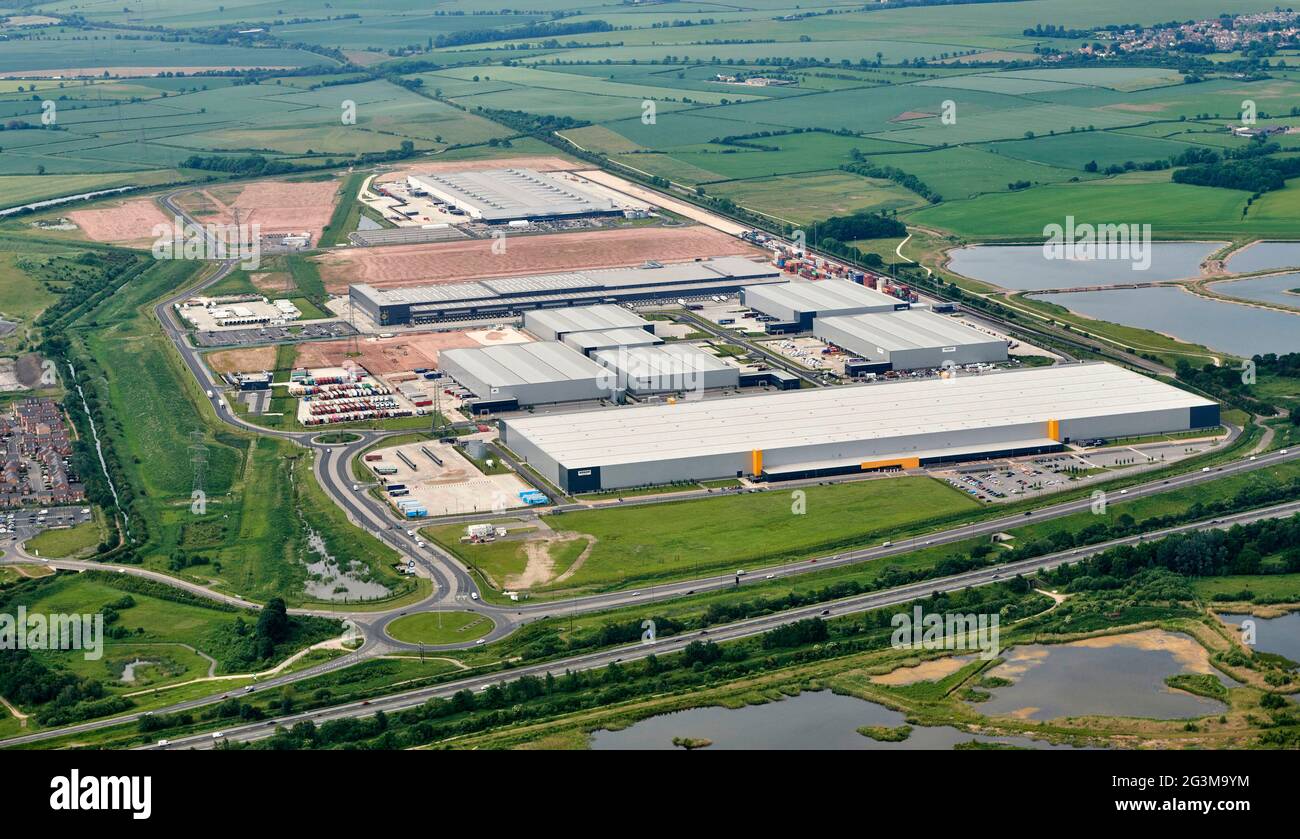 An aerial view of Doncaster iport distribution centre, South Yorkshire, northern England, UK, Amazon shed dominant Stock Photo