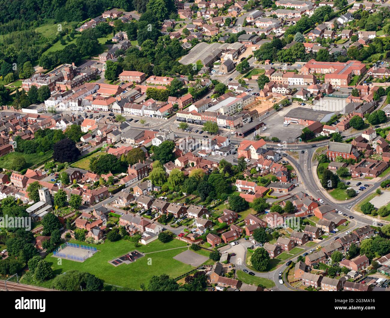 An aerial view of Bawtry town centre, South Yorkshire, northern England, UK Stock Photo