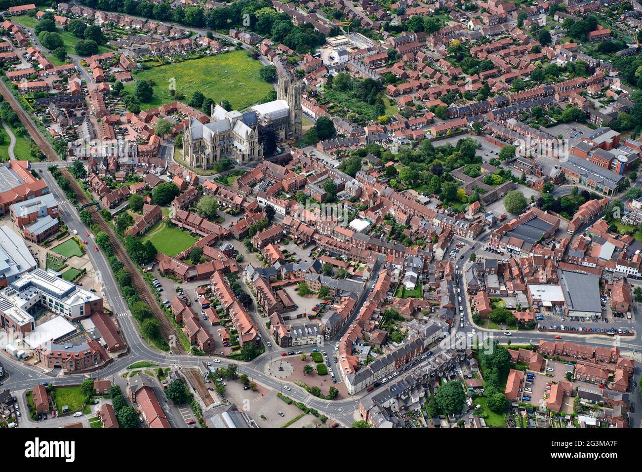 An aerial photograph of Beverley town centre, Humberside, northern England, UK, the Minster, dominant Stock Photo