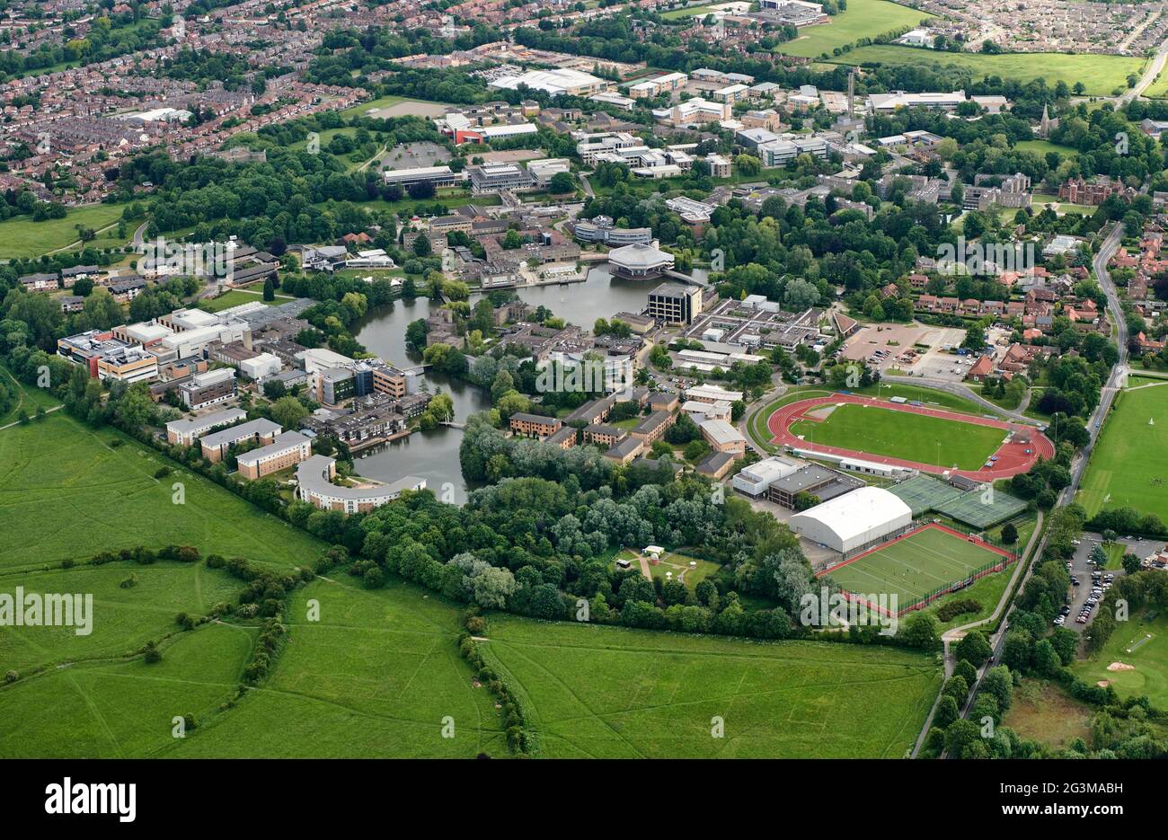 An a aerial view of York University western Campus , North Yorkshire, northern England, UK Stock Photo