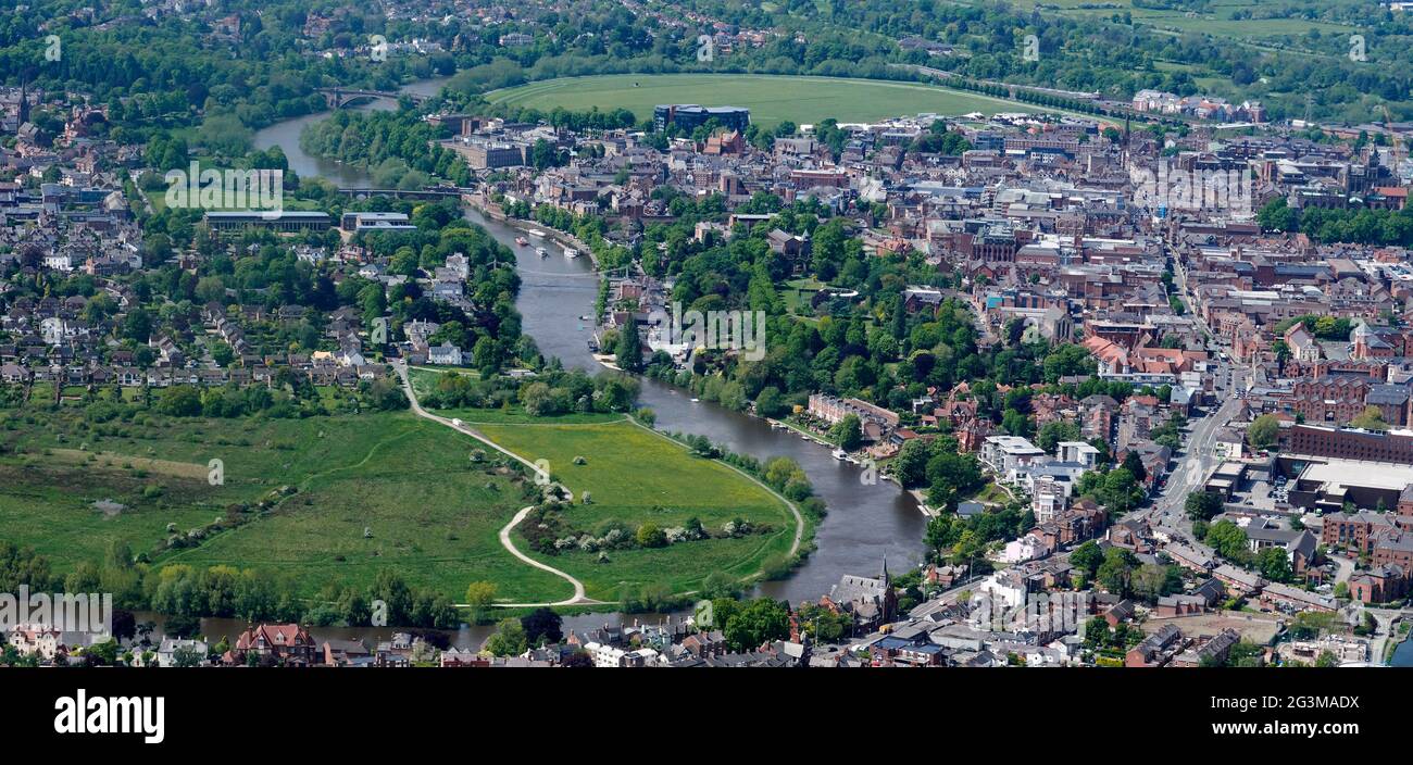An aerial view of Chester and the river Dee, North west England, UK Stock Photo