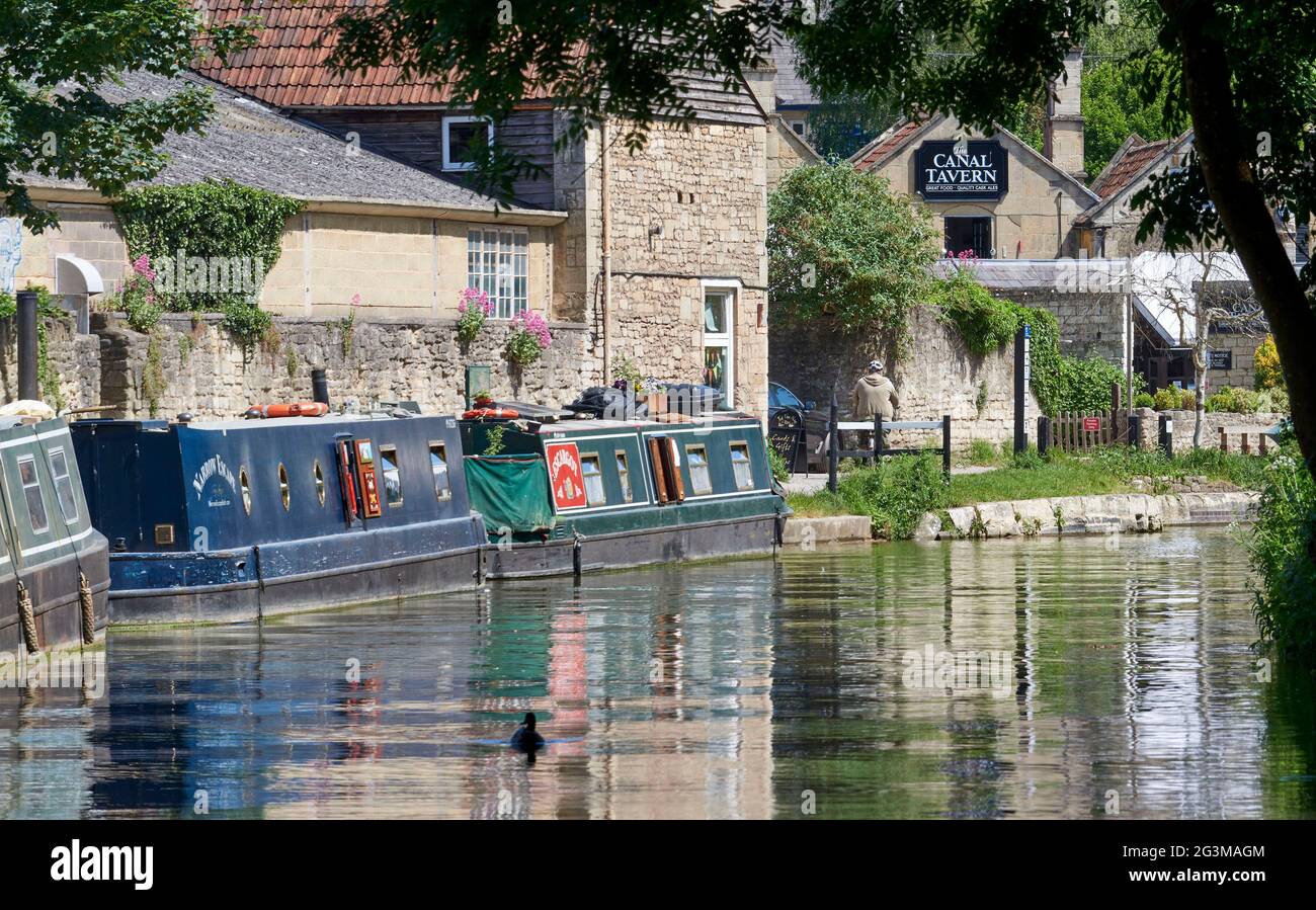 Narrow Boats moored on the Kennet & Avon Canal, at Bradford upon Avon, South West England, UK Stock Photo