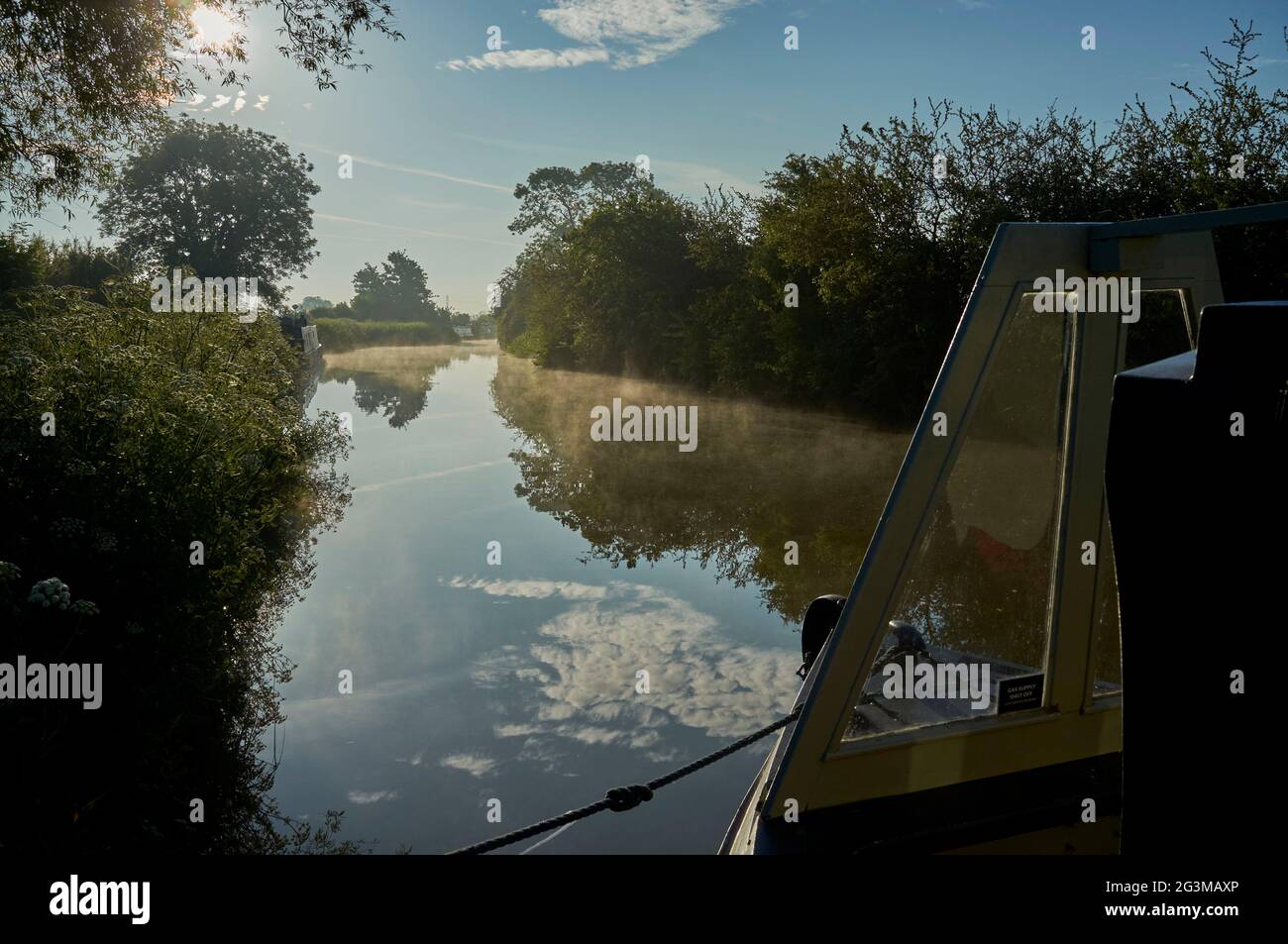Early morning mist rising on the Kennet & Avon Canal, between Bath and Bradford upon Avon, South West England, UK Stock Photo